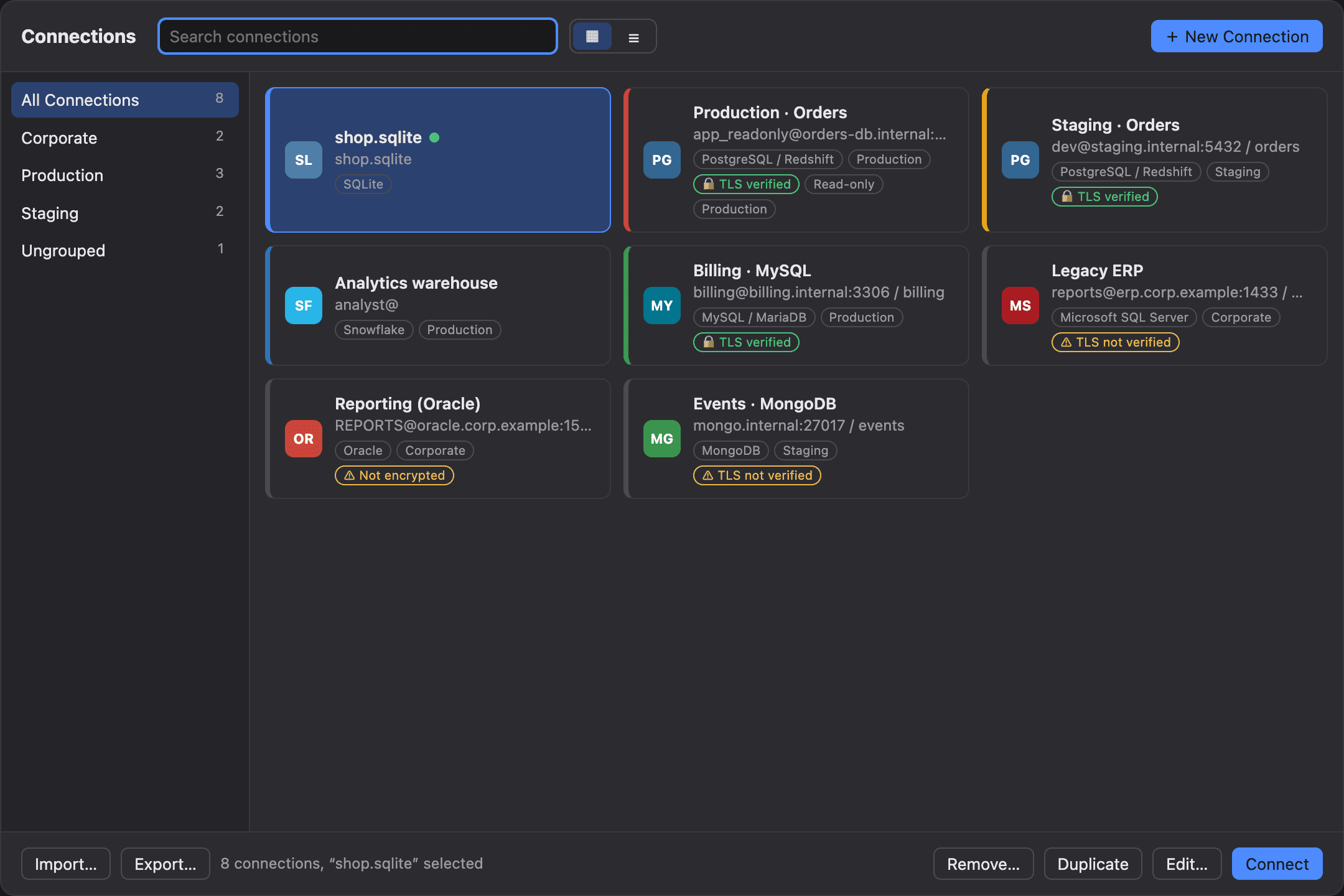 The connection manager with TLS, read-only and production badges