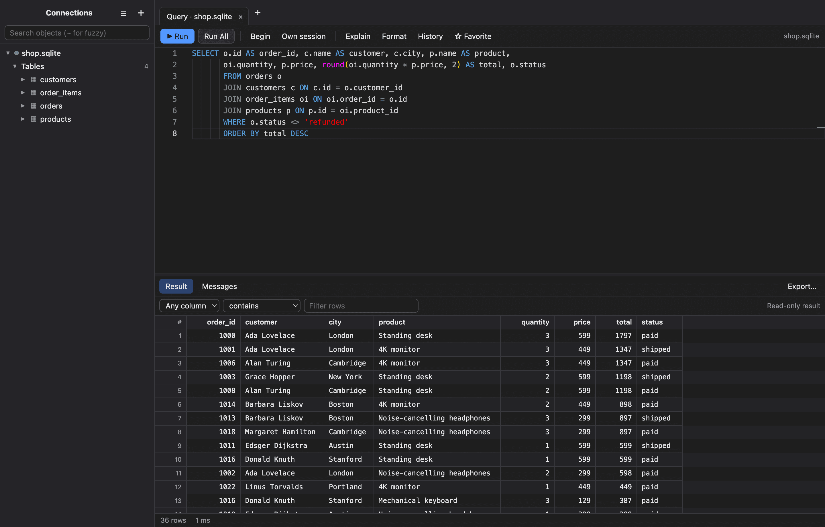 DB Studio Pro with a SQL query and its results grid