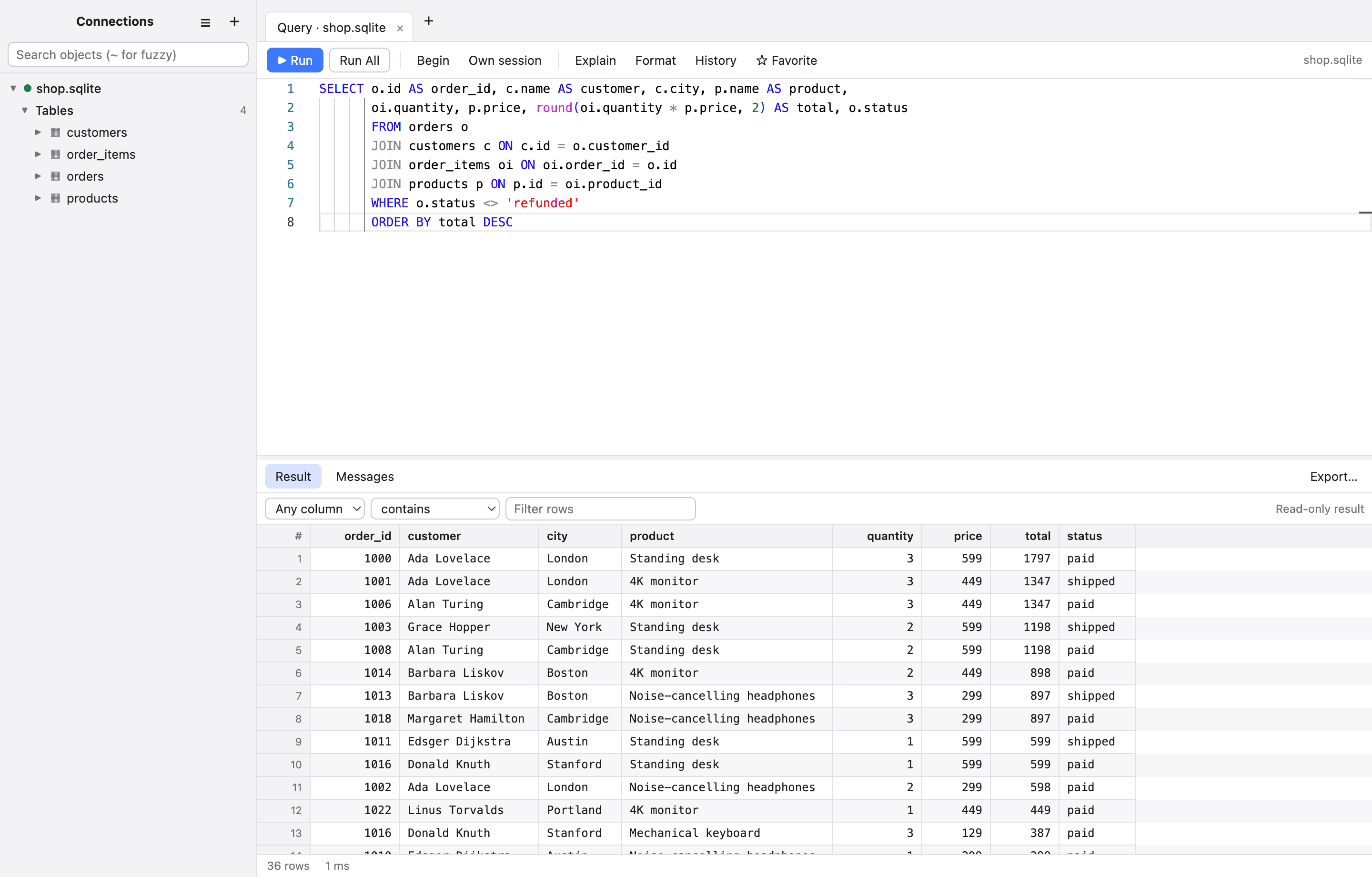DB Studio Pro with a SQL query and its results grid
